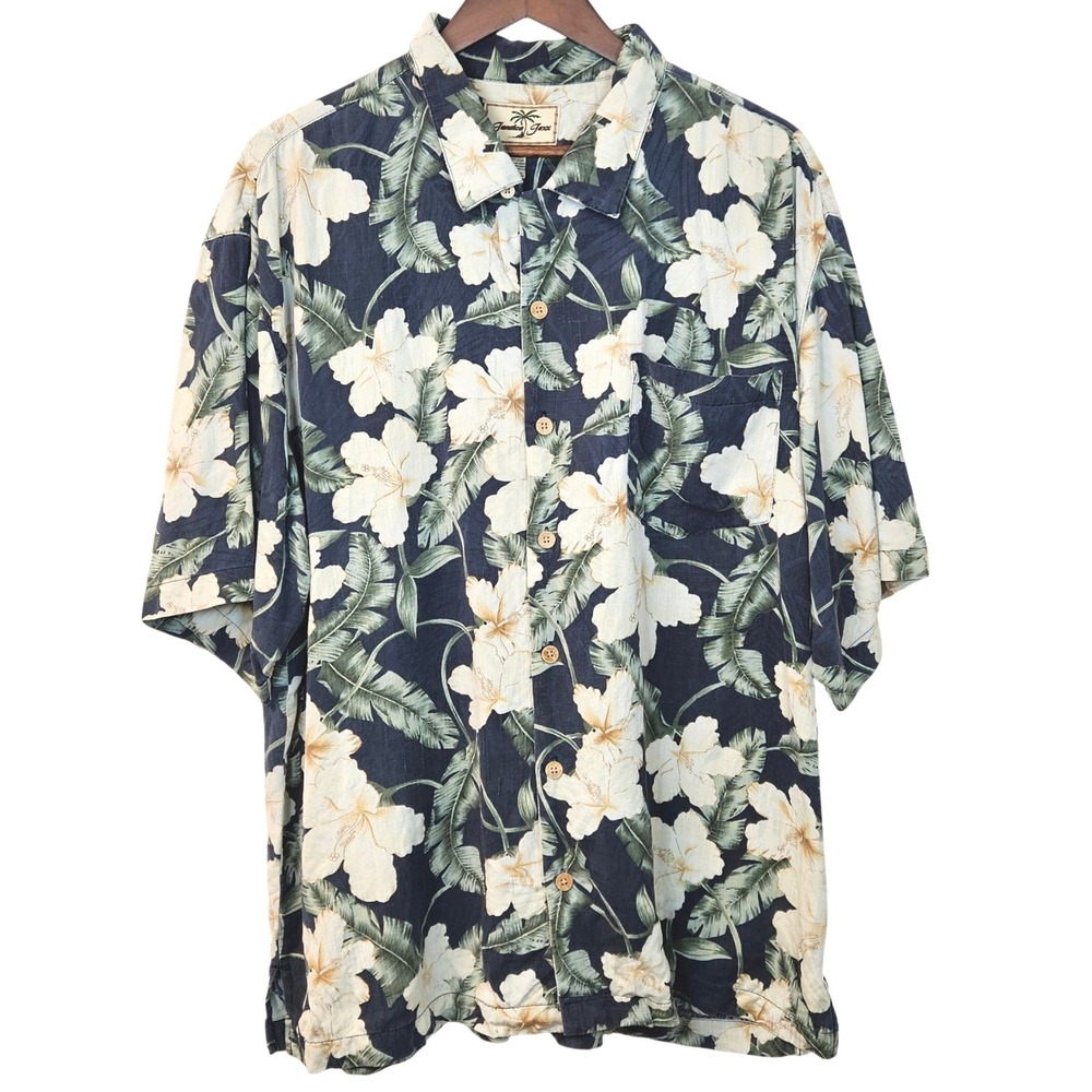 Jamaican Jaxx Men's XL Silk Hawaiian Shirt Blue Floral Hibiscus Tropical Aloha